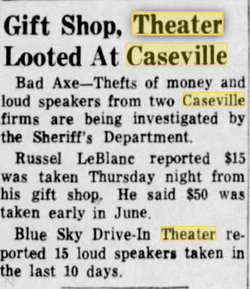 1956 article on theft of speakers a common problem Blue Sky Drive-In Theatre, Caseville